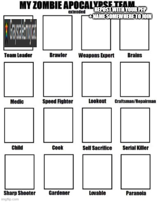 made ts for no reason | repost with your pfp + name somewhere to join | image tagged in zombie apocalypse team extended | made w/ Imgflip meme maker
