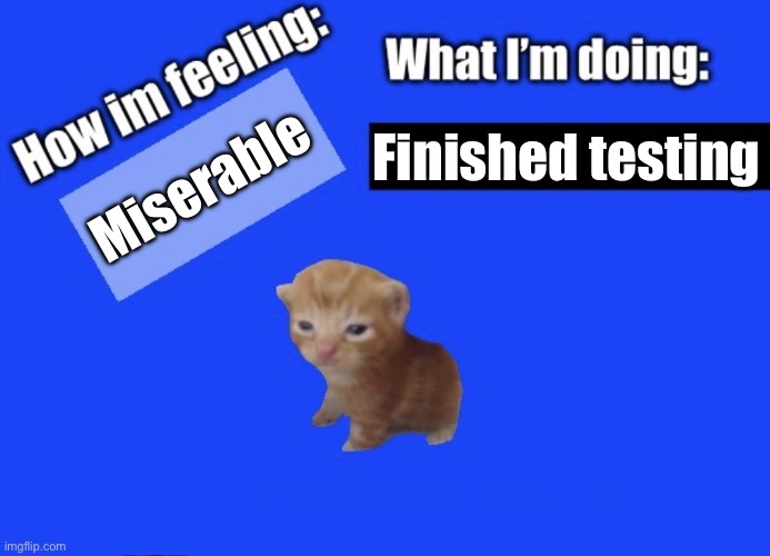 Good morning msmg | Finished testing; Miserable | image tagged in secure2019 announce temp | made w/ Imgflip meme maker