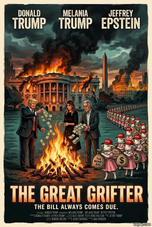 THE GREAT GRIFTER | image tagged in donald trump,melania trump,jeffrey epstein,taxes,waste of money,political meme | made w/ Imgflip meme maker