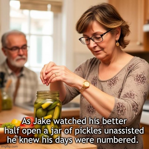 In a Pickle | As Jake watched his better half open a jar of pickles unassisted he knew his days were numbered. | image tagged in img_9463 jpeg,pickle,divorce | made w/ Imgflip meme maker