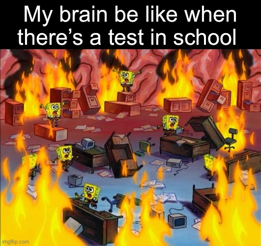 Casually having a stroke | My brain be like when there’s a test in school | image tagged in spongebob fire,memes,fun | made w/ Imgflip meme maker
