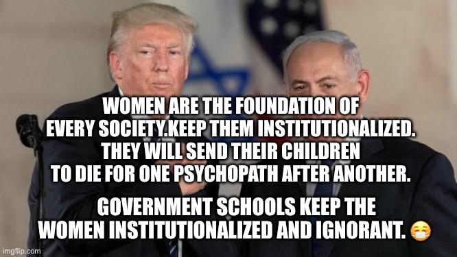 Trump and Netanyahu Bro Shake | women are the foundation of every society.Keep them institutionalized. They will send their children to die for one psychopath after another. government schools keep the women institutionalized and ignorant. 😷 | image tagged in trump and netanyahu bro shake | made w/ Imgflip meme maker