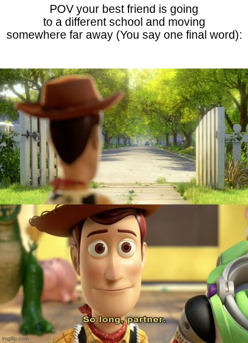 This Made Me Cry while making tjis | POV your best friend is going to a different school and moving somewhere far away (You say one final word): | image tagged in memes,relatable,best friends,sad,moving,childhood | made w/ Imgflip meme maker