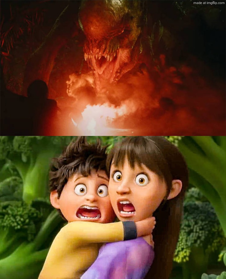 Stevie and Elliot Ting are scared of Distortus Rex | image tagged in stevie and elliot ting are scared of template,in your dreams,jurassic world,universal studios,netflix,deviantart | made w/ Imgflip meme maker