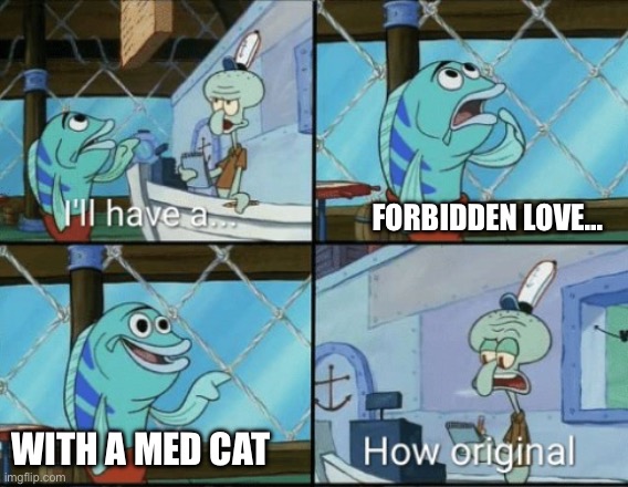 :P | Forbidden love... With a med cat | image tagged in how original | made w/ Imgflip meme maker