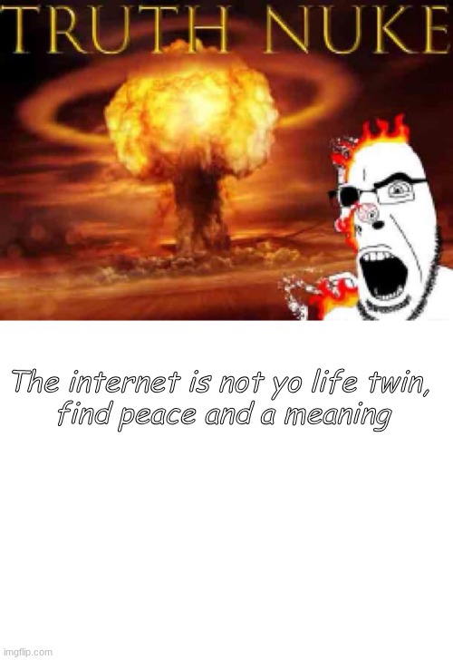 To all y'all, and it's ok to be on the internet, but it isn't your life. | The internet is not yo life twin, 

find peace and a meaning | image tagged in truth nuke,blank white template | made w/ Imgflip meme maker