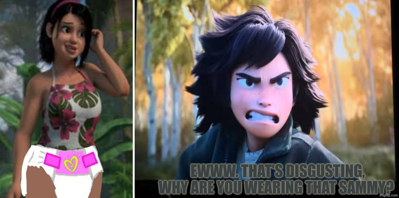 Mabel Tanaka Dislikes Sammy Wearing A Diaper | Ewww. That's disgusting, why are you wearing that Sammy? | image tagged in who dislikes sammy wearing a diaper,deviantart,hoppers,jurassic world camp cretaceous,pixar,jurassic world | made w/ Imgflip meme maker