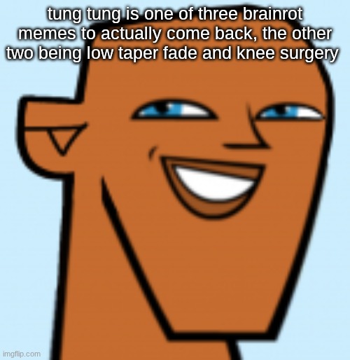 let that sink in. | tung tung is one of three brainrot memes to actually come back, the other two being low taper fade and knee surgery | image tagged in justin hd | made w/ Imgflip meme maker
