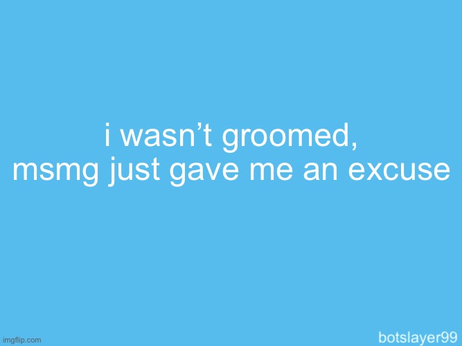 botslayer announcement temp | i wasn’t groomed, msmg just gave me an excuse | image tagged in botslayer announcement temp | made w/ Imgflip meme maker