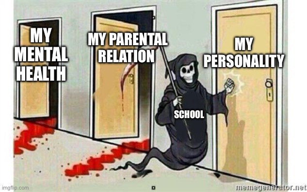 School was too much severe | My personality; My parental relation; My mental health; School | image tagged in grim reaper knocking door,school,sad reality,fun,meme,sad but true | made w/ Imgflip meme maker
