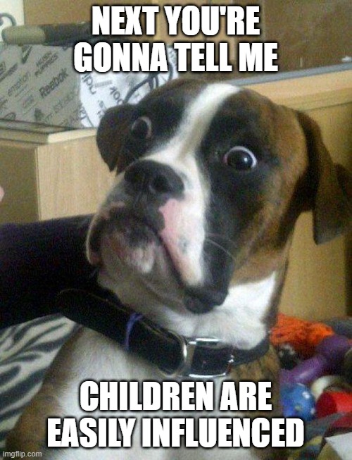 Blankie the Shocked Dog | next you're gonna tell me children are easily influenced | image tagged in blankie the shocked dog | made w/ Imgflip meme maker