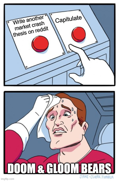 Two Buttons Meme | Capitulate; Write another market crash thesis on reddit; doom & Gloom bears | image tagged in memes,two buttons | made w/ Imgflip meme maker