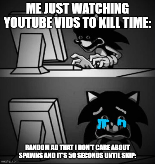 I HATE YouTube ads | Me just watching YouTube vids to kill time:; Random ad that I don't care about spawns and it's 50 seconds until skip: | image tagged in sonic looks at computer and regrets,youtube ads | made w/ Imgflip meme maker