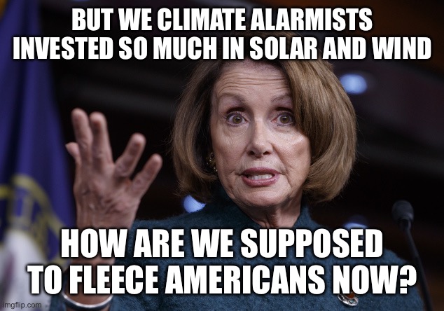 Good old Nancy Pelosi | But we climate alarmists invested so much in solar and wind How are we supposed to fleece Americans now? | image tagged in good old nancy pelosi | made w/ Imgflip meme maker