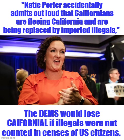 Whoop whoop Go Katie.. | "Katie Porter accidentally admits out loud that Californians are fleeing California and are being replaced by imported illegals,"; The DEMS would lose CAIFORNIAL if illegals were not counted in censes of US citizens. | made w/ Imgflip meme maker