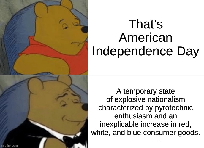 July 4th | That’s American Independence Day; A temporary state of explosive nationalism characterized by pyrotechnic enthusiasm and an inexplicable increase in red, white, and blue consumer goods. | image tagged in memes,tuxedo winnie the pooh | made w/ Imgflip meme maker