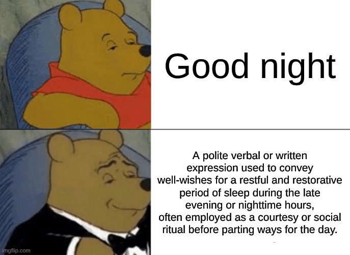 Very original title | Good night; A polite verbal or written expression used to convey well-wishes for a restful and restorative period of sleep during the late evening or nighttime hours, often employed as a courtesy or social ritual before parting ways for the day. | image tagged in memes,tuxedo winnie the pooh,oh wow are you actually reading these tags | made w/ Imgflip meme maker