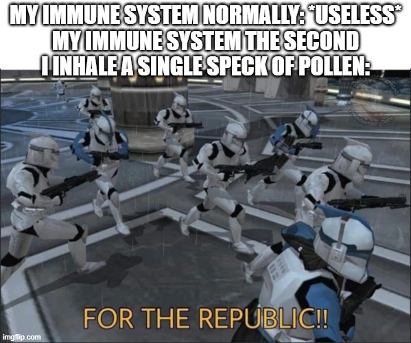 For the Republic | My immune system normally: *useless*
My immune system the second I inhale a single speck of pollen: | image tagged in for the republic | made w/ Imgflip meme maker