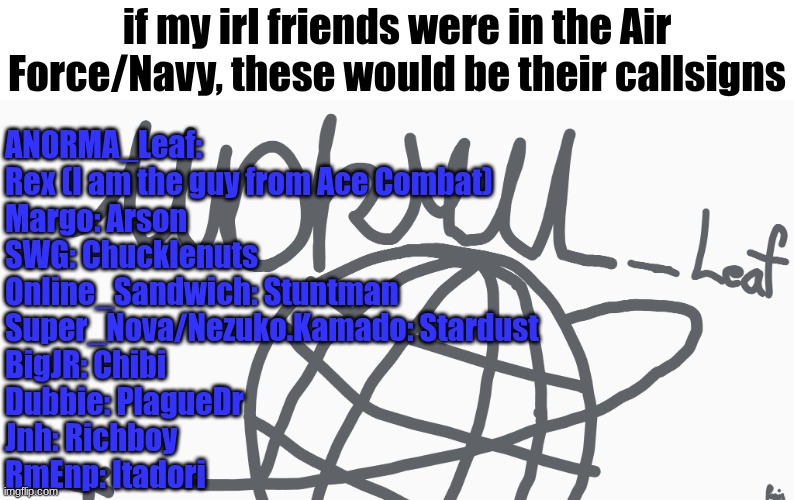 ANORMAL_Leaf's Boeing Template | if my irl friends were in the Air Force/Navy, these would be their callsigns; ANORMA_Leaf: 
Rex (I am the guy from Ace Combat)
Margo: Arson
SWG: Chucklenuts
Online_Sandwich: Stuntman
Super_Nova/Nezuko.Kamado: Stardust
BigJR: Chibi
Dubbie: PlagueDr
Jnh: Richboy
RmEnp: Itadori | image tagged in anormal_leaf's boeing template | made w/ Imgflip meme maker