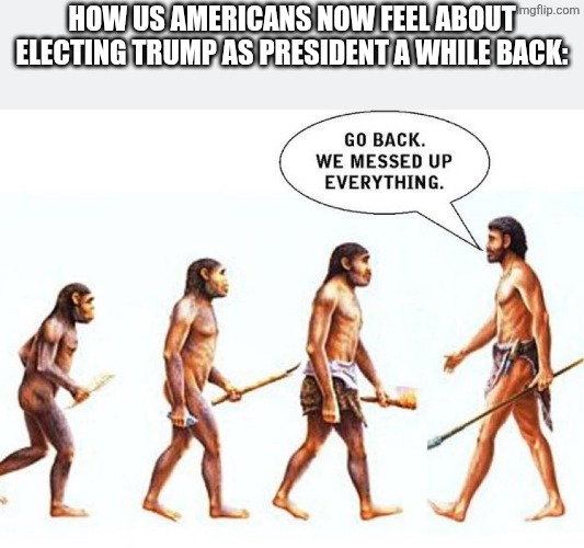 Oh god! All the illegal immigrants and tariffs stuff. O, Calamity. | How us Americans now feel about electing Trump as president a while back: | image tagged in go back we messed everything up | made w/ Imgflip meme maker