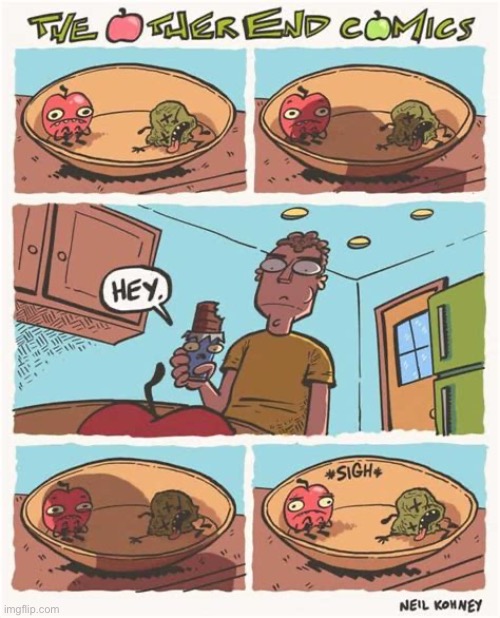 The Other End | image tagged in comics,the other end,rotten,candy,sad apple,junk food | made w/ Imgflip meme maker