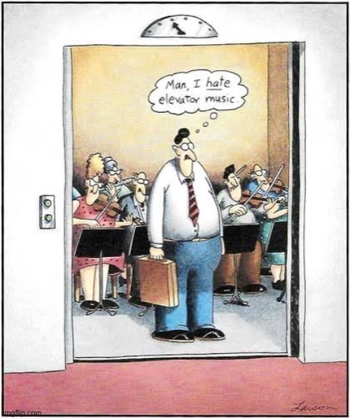 It can be annoying… | image tagged in the far side,comics,elevator,music,hate,live orchestra | made w/ Imgflip meme maker