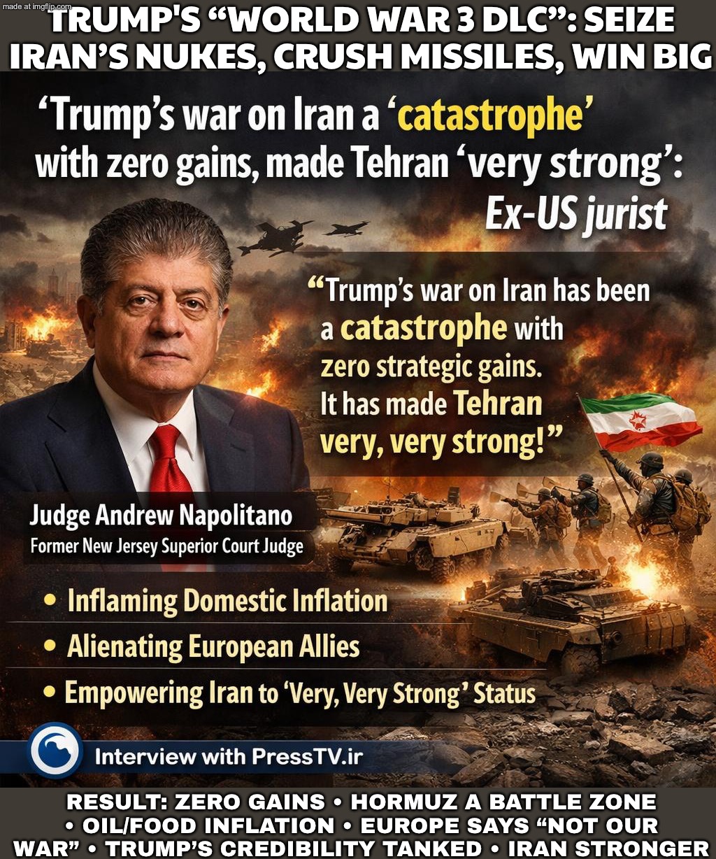 WORLD WAR 3 DLC:; Zero gains, higher gas & food prices, Europe won’t join — and Iran comes out stronger | TRUMP'S “WORLD WAR 3 DLC”: Seize Iran’s nukes, crush missiles, win big; RESULT: Zero gains • Hormuz a battle zone • Oil/food inflation • Europe says “not our war” • Trump’s credibility tanked • Iran stronger | image tagged in us israel iran war world war 3 dlc,europe,inflation,world war 3,donald trump,iran | made w/ Imgflip meme maker