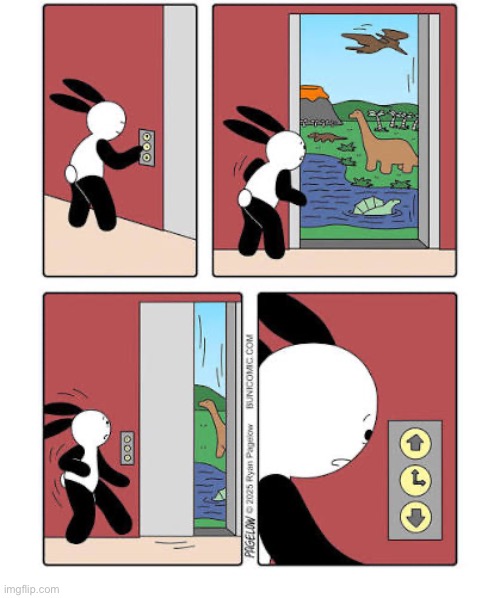 Buni Comics | image tagged in comics,buni comics,elevator,prehistoric,next floor,what just happened | made w/ Imgflip meme maker