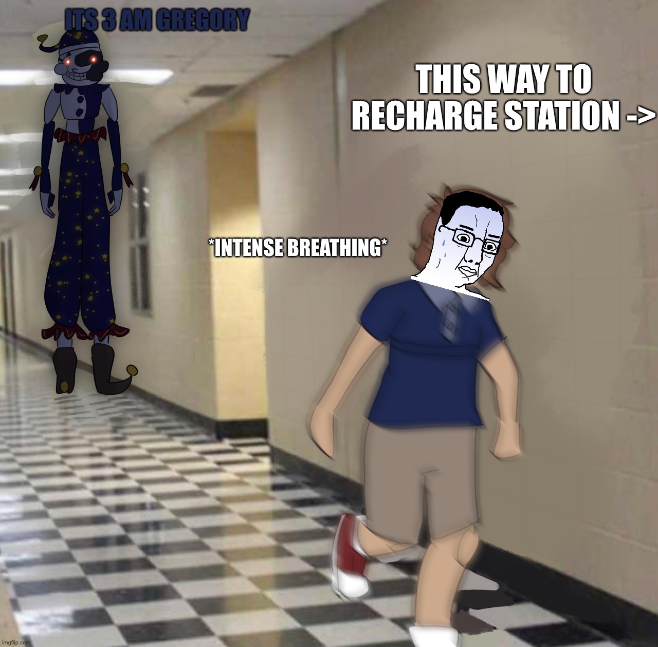 when the hour hits in fnaf sb | ITS 3 AM GREGORY; this way to recharge station ->; *intense breathing* | image tagged in moon chasing gregory | made w/ Imgflip meme maker