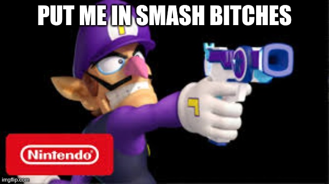 waluigi Pointing a gun | put me in smash bitches | image tagged in waluigi pointing a gun | made w/ Imgflip meme maker