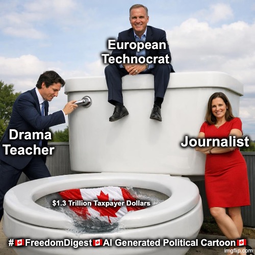 $1.3 Trillion Liberal Crisis | European Technocrat; Drama Teacher; Journalist; $1.3 Trillion Taxpayer Dollars; #🇨🇦FreedomDigest🇨🇦Al Generated Political Cartoon🇨🇦 | image tagged in canadian politics | made w/ Imgflip meme maker