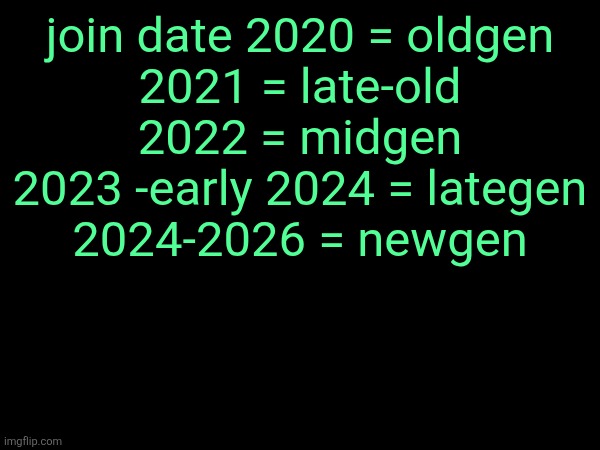 join date 2020 = oldgen
2021 = late-old
2022 = midgen
2023 -early 2024 = lategen
2024-2026 = newgen | made w/ Imgflip meme maker