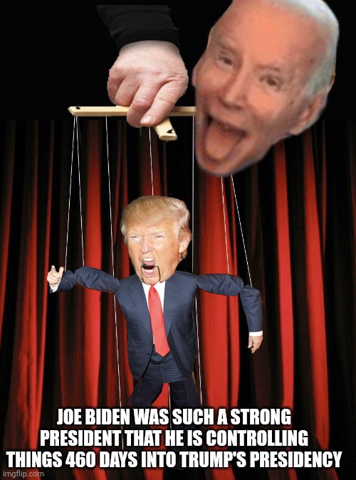 Blame-free Trump! What a mess though. | JOE BIDEN WAS SUCH A STRONG PRESIDENT that HE is CONTROLLING THINGS 460 DAYS INTO TRUMP'S PRESIDENCY | image tagged in trump puppet,trump unfit unqualified dangerous,donald trump,impeach trump,sinbad the scapegoat | made w/ Imgflip meme maker