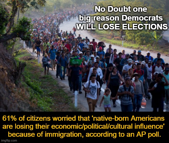 Associated Press Poll | No Doubt one 
big reason Democrats 
WILL LOSE ELECTIONS; 61% of citizens worried that 'native-born Americans 

are losing their economic/political/cultural influence' 

because of immigration, according to an AP poll. | image tagged in illegal aliens,wait that's illegal,democrats,radical,polls | made w/ Imgflip meme maker
