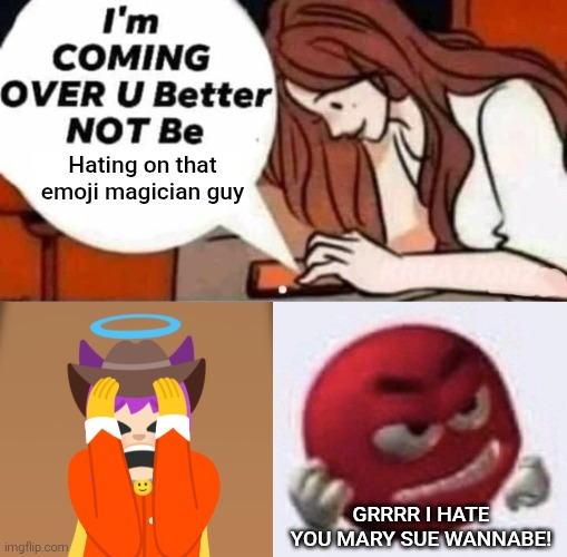 Hating on The Great Emojini in a shutnell. | Hating on that emoji magician guy; Grrrr I hate you Mary Sue wannabe! | image tagged in i'm coming over you better not be,emojini,the great emojini,hate,angry,mary sue | made w/ Imgflip meme maker