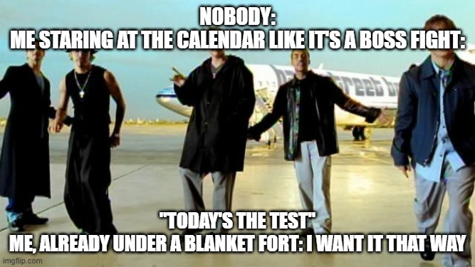 I want it that way backstreet boys | NOBODY:
ME STARING AT THE CALENDAR LIKE IT'S A BOSS FIGHT:; "TODAY'S THE TEST"
ME, ALREADY UNDER A BLANKET FORT: I WANT IT THAT WAY | image tagged in i want it that way backstreet boys | made w/ Imgflip meme maker