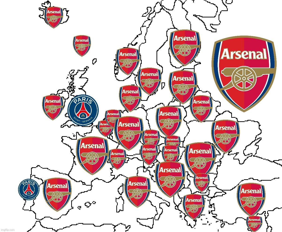 All of Europe on the evening of the Champions League final | image tagged in europe map,arsenal,psg,champions league,final,memes | made w/ Imgflip meme maker