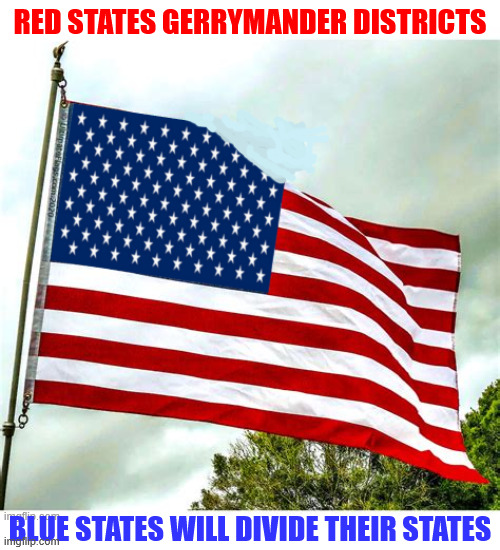 Divide and conquer | RED States Gerrymander districts; BLUE States will divide their states | image tagged in divide and conquer,fascisim or demoracy you chose,fight fire with more fire,100 stars us flag,one star us flag | made w/ Imgflip meme maker
