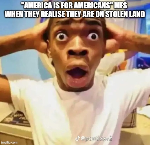 Haven't you forgotten that it's not "your" land | "America is for Americans" MFs  when they realise they are on stolen land | image tagged in shocked black guy | made w/ Imgflip meme maker