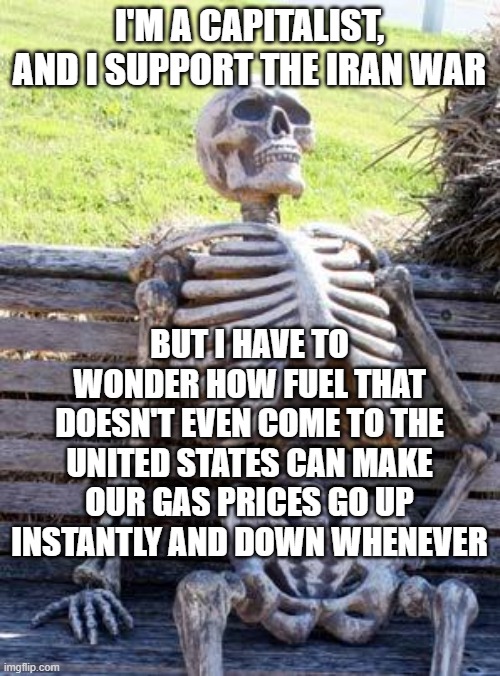 Fuel follies | i'm a capitalist, and i support the iran war; but i have to wonder how fuel that doesn't even come to the united states can make our gas prices go up instantly and down whenever | image tagged in memes,waiting skeleton | made w/ Imgflip meme maker