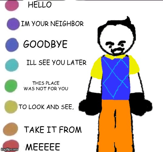 "Uhh, hello neighbor!" | HELLO; IM YOUR NEIGHBOR; GOODBYE; ILL SEE YOU LATER; THIS PLACE WAS NOT FOR YOU; TO LOOK AND SEE, TAKE IT FROM; MEEEEE | image tagged in share your story | made w/ Imgflip meme maker