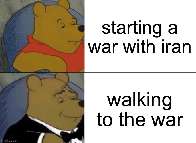 Ayo Ai hold up | starting a war with iran; walking to the war | image tagged in memes,tuxedo winnie the pooh | made w/ Imgflip meme maker