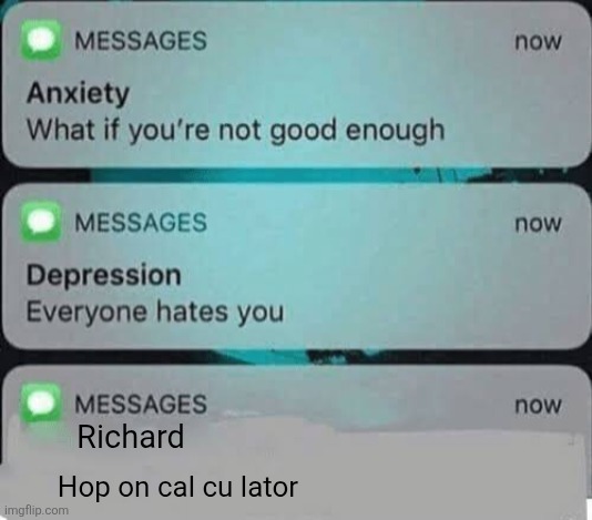 Anxiety/depression texts | Richard; Hop on cal cu lator | image tagged in anxiety/depression texts | made w/ Imgflip meme maker