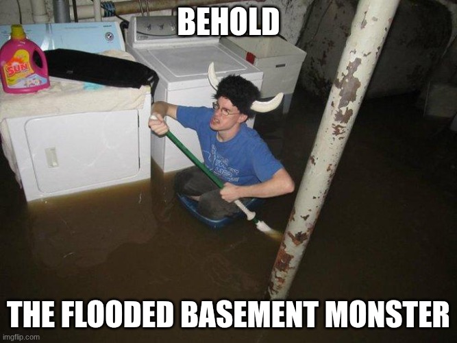 meme for today | BEHOLD; THE FLOODED BASeMENT MONSTER | image tagged in memes,laundry viking | made w/ Imgflip meme maker