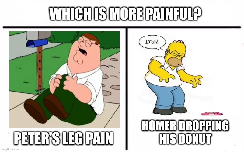 Who Would Win Blank | Which is more painful? Homer dropping his donut; Peter's leg pain | image tagged in memes,homer,donuts | made w/ Imgflip meme maker