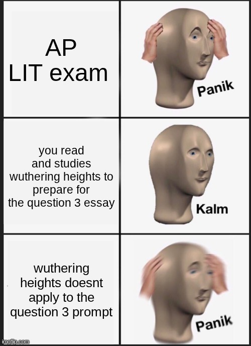 POV: taking the AP Lit exam | AP LIT exam; you read and studies wuthering heights to prepare for the question 3 essay; wuthering heights doesnt apply to the question 3 prompt | image tagged in memes,panik kalm panik | made w/ Imgflip meme maker