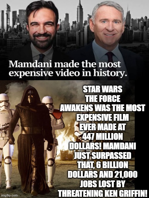Who made the most expensive film in history?  Mamdani!! He cost NYC 6 billion Dollars!! | Star Wars the force awakens was the most expensive film ever made at 447 million dollars! Mamdani just surpassed that, 6 billion dollars and 21,000 jobs lost by threatening Ken Griffin! | image tagged in i'm the dumbest man alive | made w/ Imgflip meme maker