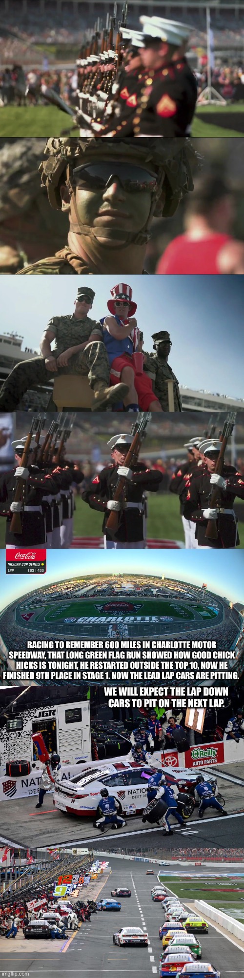 We will expect the Lap Down Cars to Pit On the Next Lap. Racing to remember 600 miles in Charlotte Motor Speedway, That Long Green Flag run  | made w/ Imgflip meme maker