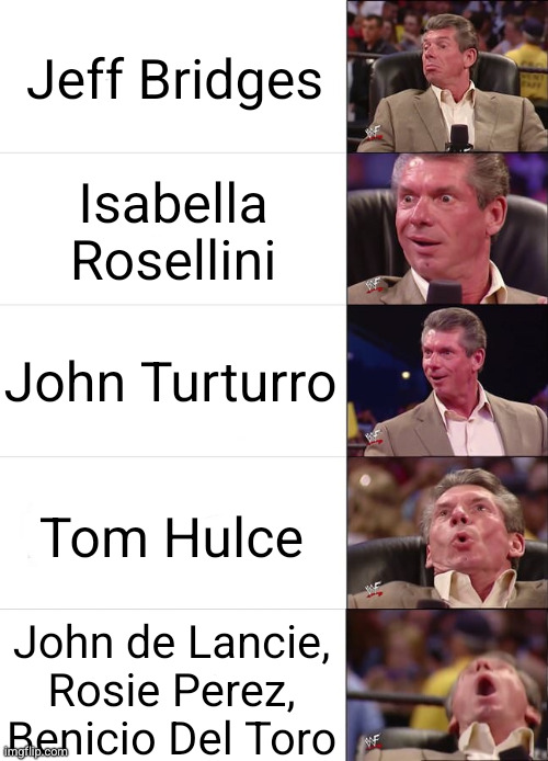 Vince McMahon Reaction | Jeff Bridges; Isabella Rosellini; John Turturro; Tom Hulce; John de Lancie, Rosie Perez, Benicio Del Toro | image tagged in vince mcmahon reaction | made w/ Imgflip meme maker
