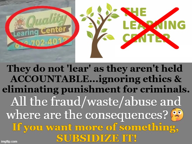 FRAUD w/ Taxpayer $$$--Where's the Outrage from Democrats? Never mind, they're the ones doing it! | They do not 'lear' as they aren't held 

ACCOUNTABLE...ignoring ethics &

eliminating punishment for criminals. All the fraud/waste/abuse and
where are the consequences?🤔; If you want more of something, 
SUBSIDIZE IT! | image tagged in education,edumacation,double standards,fraud,consequences,democratic socialism | made w/ Imgflip meme maker